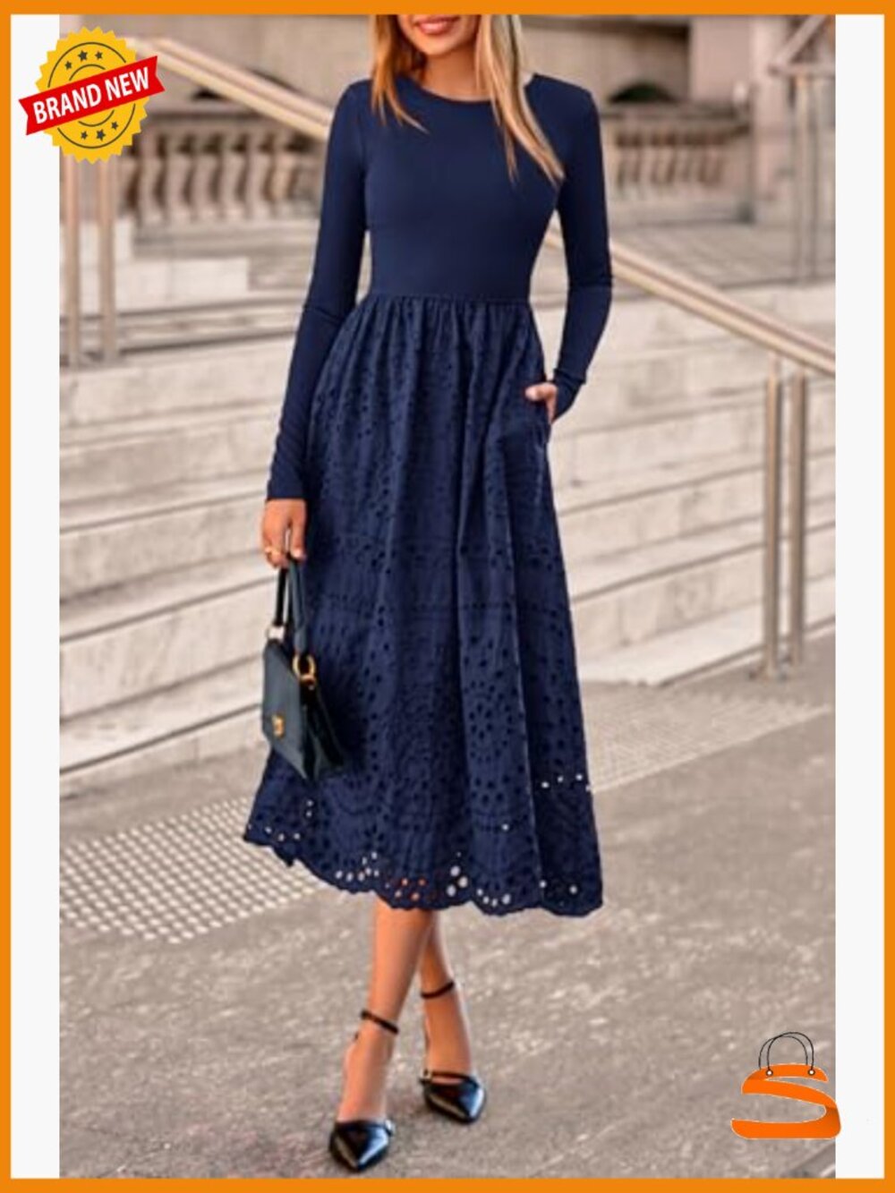 Women's Long Sleeve Maxi Dress A-Line Boho Eyelet Cotton Blend Pockets - Picture 6 of 7